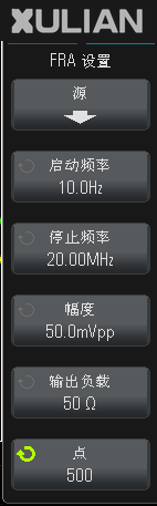 FRA 範例設定:10 Hz~20 MHz、50.0 mV p-p、50 Ω、500 點。